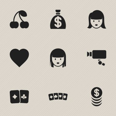 9 düzenlenebilir heyecan simgeler kümesi. Aşk gibi simgeler yığılmış para, kart takım elbise ve daha fazlasını içerir. Web, mobil, UI ve Infographic tasarımı için kullanılabilir.