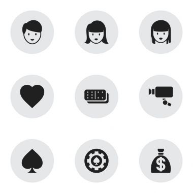 9 düzenlenebilir kumar simgeler kümesi. Sevgi ve daha fazla siyah kalp, Bones oyun, gibi simgeler içerir. Web, mobil, UI ve Infographic tasarımı için kullanılabilir.