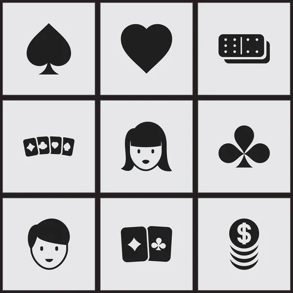 Set di 9 icone di eccitazione modificabili. Include simboli come carta da gioco, trifoglio, soldi accatastati e altro ancora. Può essere utilizzato per la progettazione web, mobile, UI e infografica . — Vettoriale Stock