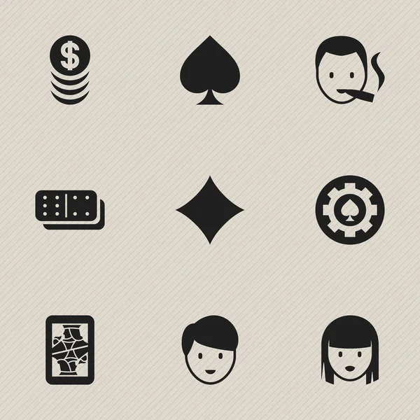 Set de 9 iconos de juego editables. Incluye símbolos tales como trabajador del casino, dinero apilado, blackjack y más. Puede ser utilizado para el diseño de la tela, móvil, interfaz de usuario e infografía . — Vector de stock