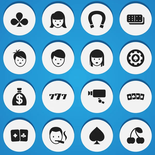 16 düzenlenebilir Casino simgeler kümesi. Çocuk, kart çifti, Sigara içen ve daha fazlası gibi simgeler içerir. Web, mobil, UI ve Infographic tasarımı için kullanılabilir.