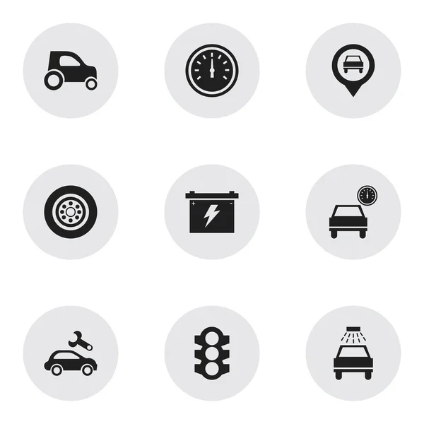 Satz von 9 editierbaren Verkehrssymbolen. beinhaltet Symbole wie Auto, Batterie, Zeiger und mehr. kann für Web-, Mobil-, UI- und Infografik-Design verwendet werden. — Stockvektor