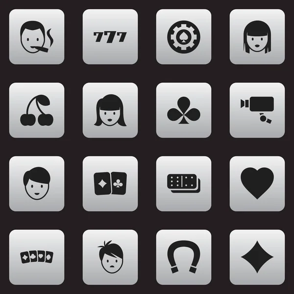 Set von 16 editierbaren Spielsymbolen. enthält Symbole wie weibliches Gesicht, glückliche Sieben, Kartenfarben und mehr. kann für Web-, Mobil-, UI- und Infografik-Design verwendet werden. — Stockvektor
