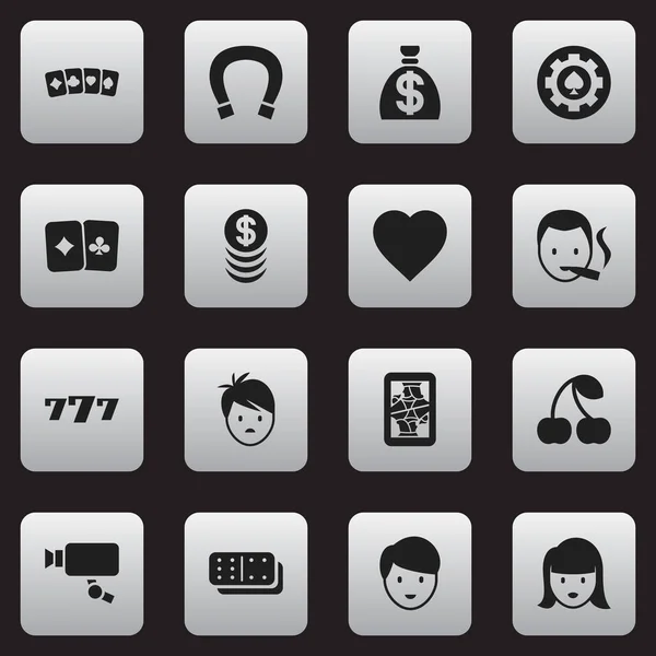 Conjunto de 16 iconos de juego editables. Incluye símbolos como la leva de seguimiento, corazón negro, Lucky Seven y más. Puede ser utilizado para el diseño de la tela, móvil, interfaz de usuario e infografía . — Archivo Imágenes Vectoriales