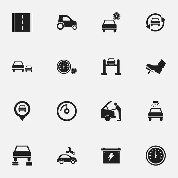 Set van 16 bewerkbare verkeer iconen. Bevat symbolen zoals snelheidsmeter, pedaal, Auto reparatie en meer. Kan worden gebruikt voor Web, Mobile, Ui en Infographic Design. — Stockvector