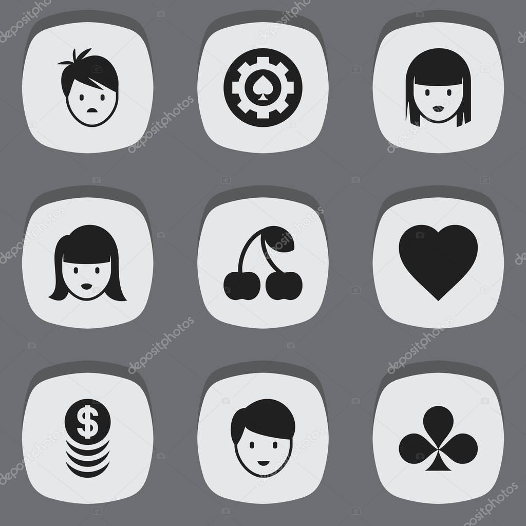 Set Of 9 Editable Excitement Icons. Includes Symbols Such As Black Heart, Love, Shamrock And More. Can Be Used For Web, Mobile, UI And Infographic Design.