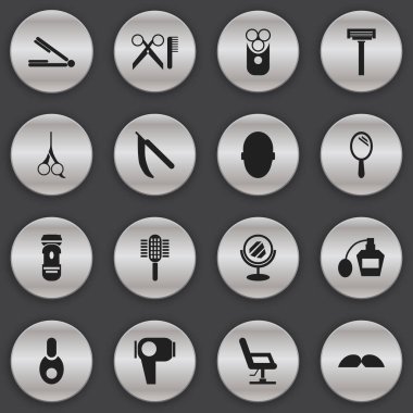 16 düzenlenebilir berber simgeler kümesi. Reflektör, bıyık, tıraş makinesi ve daha fazlası gibi simgeler içerir. Web, mobil, UI ve Infographic tasarımı için kullanılabilir.