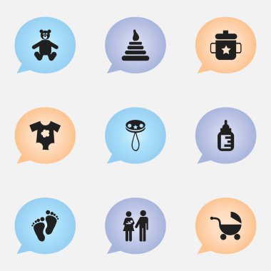 9 düzenlenebilir çocuk simgeler kümesi. Teddy, Goplet, Footmark ve daha fazlası gibi simgeler içerir. Web, mobil, UI ve Infographic tasarımı için kullanılabilir.