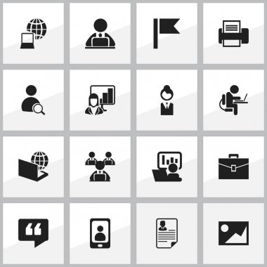 16 düzenlenebilir Office simgeler kümesi. Dizüstü bilgisayar, telefon, portföy ve daha fazla işçi gibi simgeler içerir. Web, mobil, UI ve Infographic tasarımı için kullanılabilir.