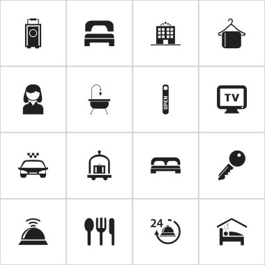 16 düzenlenebilir Hotel simgeler kümesi. Böyle erişim, engelini kaldırmak gibi duş, sembolleri içerir Askı ve daha fazlası. Web, mobil, UI ve Infographic tasarımı için kullanılabilir.