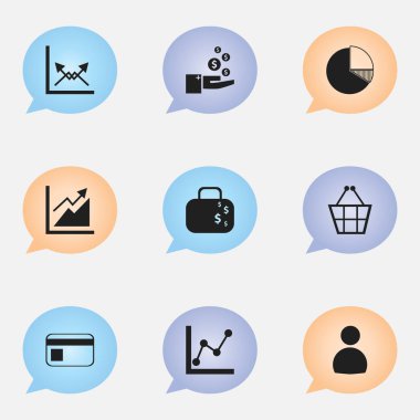 9 düzenlenebilir Analytics simgeler kümesi. Daire diyagram, kar, grafik bilgi ve daha fazlası gibi simgeler içerir. Web, mobil, UI ve Infographic tasarımı için kullanılabilir.