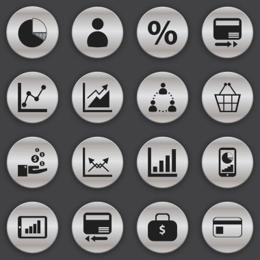 16 düzenlenebilir mantıksal simgeler kümesi. Yüzde, kredi kartı ve para çantası gibi simgeler içerir. Web, mobil, UI ve Infographic tasarımı için kullanılabilir.