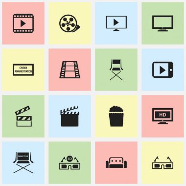 16 düzenlenebilir sinema simgeler kümesi. Sembolleri koltuk, kamera şerit, eylem ve diğer çekim olarak örneğin içerir. Web, mobil, UI ve Infographic tasarımı için kullanılabilir.