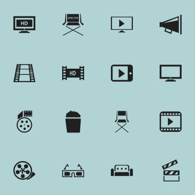16 düzenlenebilir film simgeler kümesi. Sandalye, hoparlör, Hd teyp ve daha fazlası gibi simgeler içerir. Web, mobil, UI ve Infographic tasarımı için kullanılabilir.