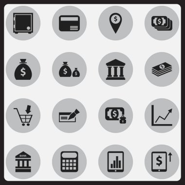 16 düzenlenebilir Finans simgeler kümesi. Hazine, banknot, çubuk grafik ve daha fazlası gibi simgeler içerir. Web, mobil, UI ve Infographic tasarımı için kullanılabilir.