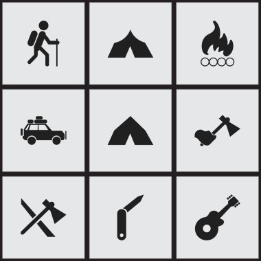 9 düzenlenebilir kamp simgeler kümesi. Tomahawk, yürüyüş, gibi simgeler sustalı bıçak ve daha fazlasını içerir. Web, mobil, UI ve Infographic tasarımı için kullanılabilir.