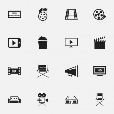 16 düzenlenebilir film simgeler kümesi. Hoparlör, Tablet oynamak gibi tiyatro ajansı ve diğer simgeler içerir. Web, mobil, UI ve Infographic tasarımı için kullanılabilir.