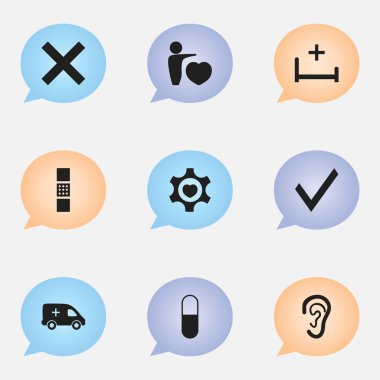 9 düzenlenebilir hastane simgeler kümesi. İnsan sevgi, Mark, acil durum ve daha fazla gibi simgeler içerir. Web, mobil, UI ve Infographic tasarımı için kullanılabilir.