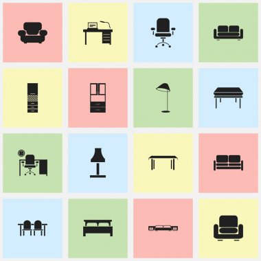 16 düzenlenebilir mobilyalar simgeler kümesi. Ergonomik koltuk, sehpa, Restoran tablo ve daha fazlası gibi simgeler içerir. Web, mobil, UI ve Infographic tasarımı için kullanılabilir.