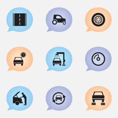 9 düzenlenebilir taşıma simgeler kümesi. Hız göstergesi, araba tamir, otomobil vb. gibi simgeler içerir. Web, mobil, UI ve Infographic tasarımı için kullanılabilir.