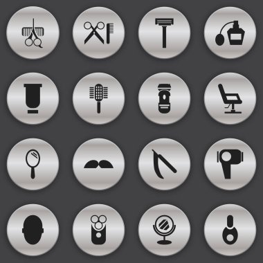 16 düzenlenebilir Kuaför simgeler kümesi. Kesici alet, reflektör, Blade ve daha fazlası gibi simgeler içerir. Web, mobil, UI ve Infographic tasarımı için kullanılabilir.