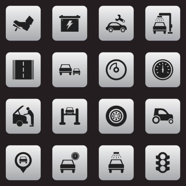16 düzenlenebilir araç simgeler kümesi. Oto Servisi, otomobil, işaretçi ve daha fazlası gibi simgeler içerir. Web, mobil, UI ve Infographic tasarımı için kullanılabilir.