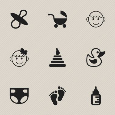 9 düzenlenebilir bebek simgeler kümesi. Emzikler, Bebek bezi, hemşirelik şişe ve daha fazlası gibi simgeler içerir. Web, mobil, UI ve Infographic tasarımı için kullanılabilir.