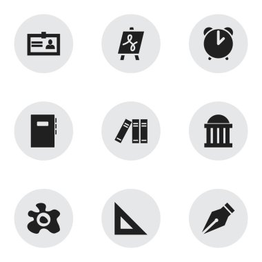 9 düzenlenebilir bilim simgeler kümesi. Alarm, Bookshelf, sertifika ve daha fazlası gibi simgeler içerir. Web, mobil, UI ve Infographic tasarımı için kullanılabilir.