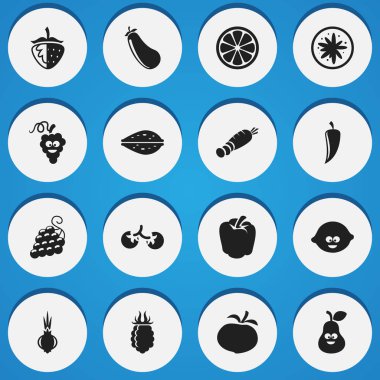 16 düzenlenebilir mutfak eşyaları simgeler kümesi. Sarımsak, domates, tatlı meyve ve daha fazlası gibi simgeler içerir. Web, mobil, UI ve Infographic tasarımı için kullanılabilir.