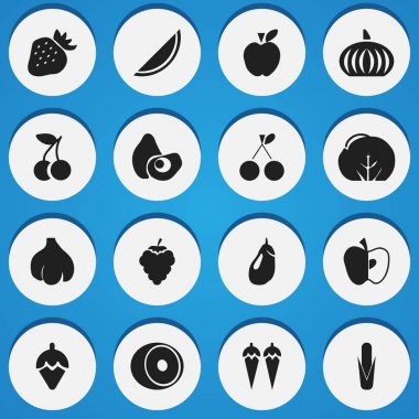 16 düzenlenebilir vejetaryen simgeler kümesi. Meyve, üzüm, limon ve daha fazlası gibi simgeler içerir. Web, mobil, UI ve Infographic tasarımı için kullanılabilir.