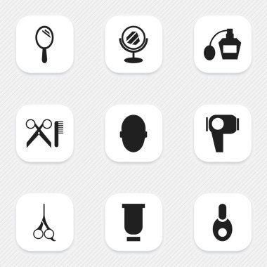 9 düzenlenebilir Kuaför simgeler kümesi. Saç kurutucu, konteyner, röntgenci gibi simgeler ve daha fazlasını içerir. Web, mobil, UI ve Infographic tasarımı için kullanılabilir.