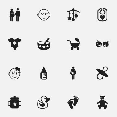 16 düzenlenebilir bebek simgeler kümesi. Semboller içeren banyo oyuncakları gibi süslüyor, küçük elbiseler ve daha fazlası. Web, mobil, UI ve Infographic tasarımı için kullanılabilir.