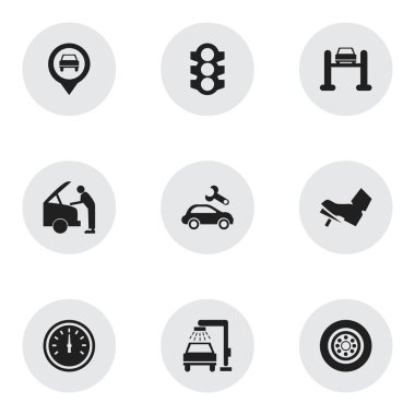 9 düzenlenebilir araç simgeler kümesi. Hız kontrolü, araç yıkama, işaretçi ve daha fazlası gibi simgeler içerir. Web, mobil, UI ve Infographic tasarımı için kullanılabilir.