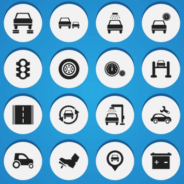 16 düzenlenebilir araç simgeler kümesi. Hız göstergesi, trafik ışığı, oto tamir ve daha fazlası gibi simgeler içerir. Web, mobil, UI ve Infographic tasarımı için kullanılabilir.