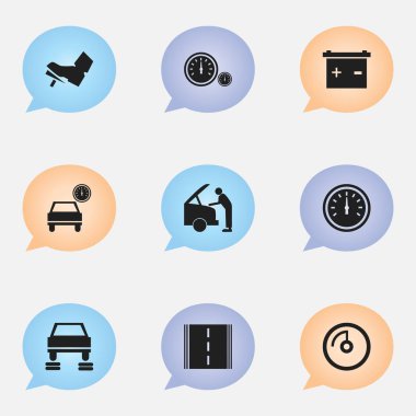 9 düzenlenebilir araç simgeler kümesi. Otomobil, araba tamir, hız ekran ve daha fazlası gibi simgeler içerir. Web, mobil, UI ve Infographic tasarımı için kullanılabilir.