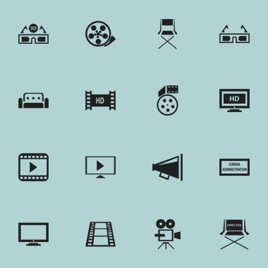 16 düzenlenebilir filme simgeler kümesi. Film oynatıcı, kanepe, Film gözlük ve daha fazlası gibi simgeler içerir. Web, mobil, UI ve Infographic tasarımı için kullanılabilir.
