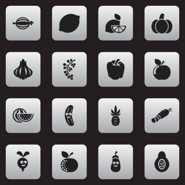 16 düzenlenebilir mutfak eşyaları simgeler kümesi. Kabak, Ananas, karpuz ve daha fazlası gibi simgeler içerir. Web, mobil, UI ve Infographic tasarımı için kullanılabilir.
