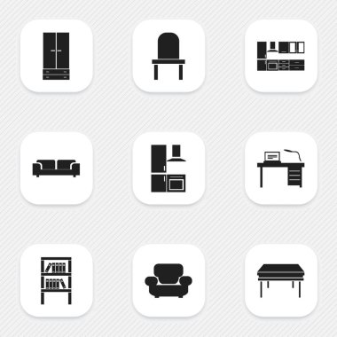 9 düzenlenebilir mobilya simgeler kümesi. Kanepe, Kürsü, Bookrack ve daha fazlası gibi simgeler içerir. Web, mobil, UI ve Infographic tasarımı için kullanılabilir.