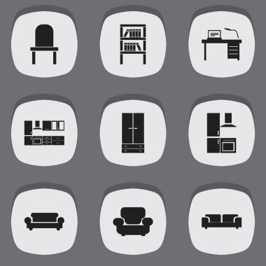 9 düzenlenebilir iç simgeler kümesi. Mobilyalar, Kürsü, Bookrack ve daha fazla yemek gibi simgeleri içerir. Web, mobil, UI ve Infographic tasarımı için kullanılabilir.
