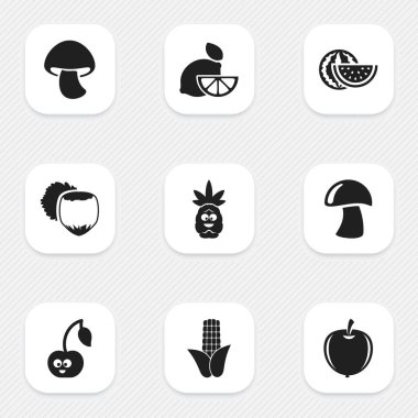 9 düzenlenebilir gıda simgeler kümesi. Mısır, Cep, karpuz ve daha fazlası gibi simgeler içerir. Web, mobil, UI ve Infographic tasarımı için kullanılabilir.