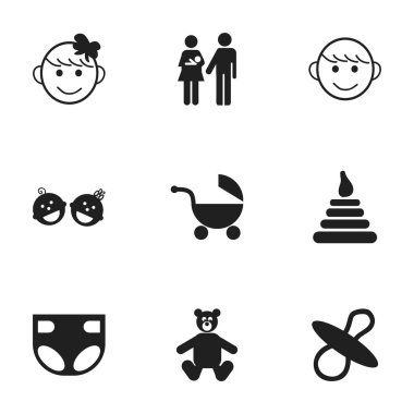 9 düzenlenebilir bebek simgeler kümesi. Bebek arabası, Bebek bezi, ikiz bebekler ve daha fazlası gibi simgeler içerir. Web, mobil, UI ve Infographic tasarımı için kullanılabilir.