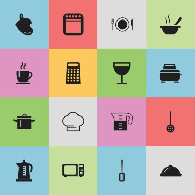 16 düzenlenebilir Cook simgeler kümesi. Süzgeç, ekmek kızartma makinesi, bulaşık ve daha fazlası gibi simgeler içerir. Web, mobil, UI ve Infographic tasarımı için kullanılabilir.