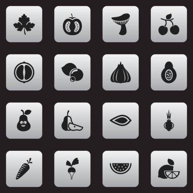 16 düzenlenebilir mutfak eşyaları simgeler kümesi. Armut parça, şalgam, yaprak ve daha fazlası gibi simgeler içerir. Web, mobil, UI ve Infographic tasarımı için kullanılabilir.
