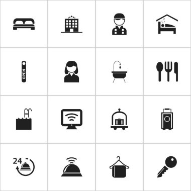 16 düzenlenebilir Motel simgeler kümesi. Hotel arabası, erkek, hizmet Bell ve daha fazlası gibi simgeler içerir. Web, mobil, UI ve Infographic tasarımı için kullanılabilir.