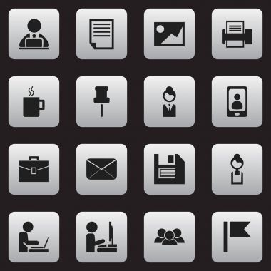 16 düzenlenebilir Bürosu simgeler kümesi. Disket, iş kadını, iş kadını ve daha fazlası gibi simgeler içerir. Web, mobil, UI ve Infographic tasarımı için kullanılabilir.