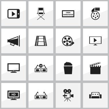 Set Of 16 Editable Cinema Icons. Includes Symbols Such As Tape, Camera Strip, Start Video And More. Can Be Used For Web, Mobile, UI And Infographic Design. clipart