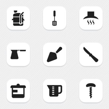 9 düzenlenebilir pişirme simgeler kümesi. Kahve Pot, sıkacağı, mutfak Hood ve daha fazlası gibi simgeler içerir. Web, mobil, UI ve Infographic tasarımı için kullanılabilir.
