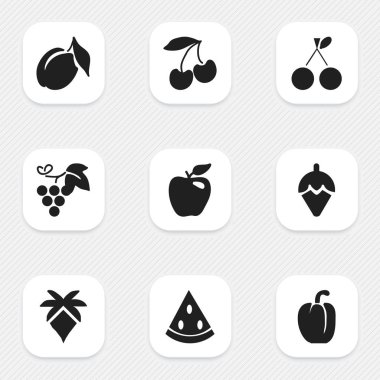 9 düzenlenebilir meyve simgeler kümesi. Cherry, Palm, Merlot ve daha fazlası gibi simgeler içerir. Web, mobil, UI ve Infographic tasarımı için kullanılabilir.