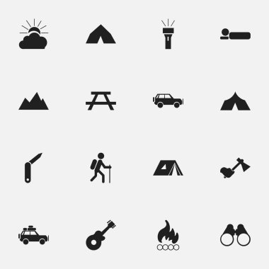 16 düzenlenebilir gezi simgeler kümesi. Fener, çadır, müzik aleti ve daha fazlası gibi simgeler içerir. Web, mobil, UI ve Infographic tasarımı için kullanılabilir.