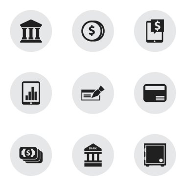 9 düzenlenebilir bankacılık simgeler kümesi. Simgeleri gibi nakit, banka konumu, sandık ve daha fazlasını içerir. Web, mobil, UI ve Infographic tasarımı için kullanılabilir.